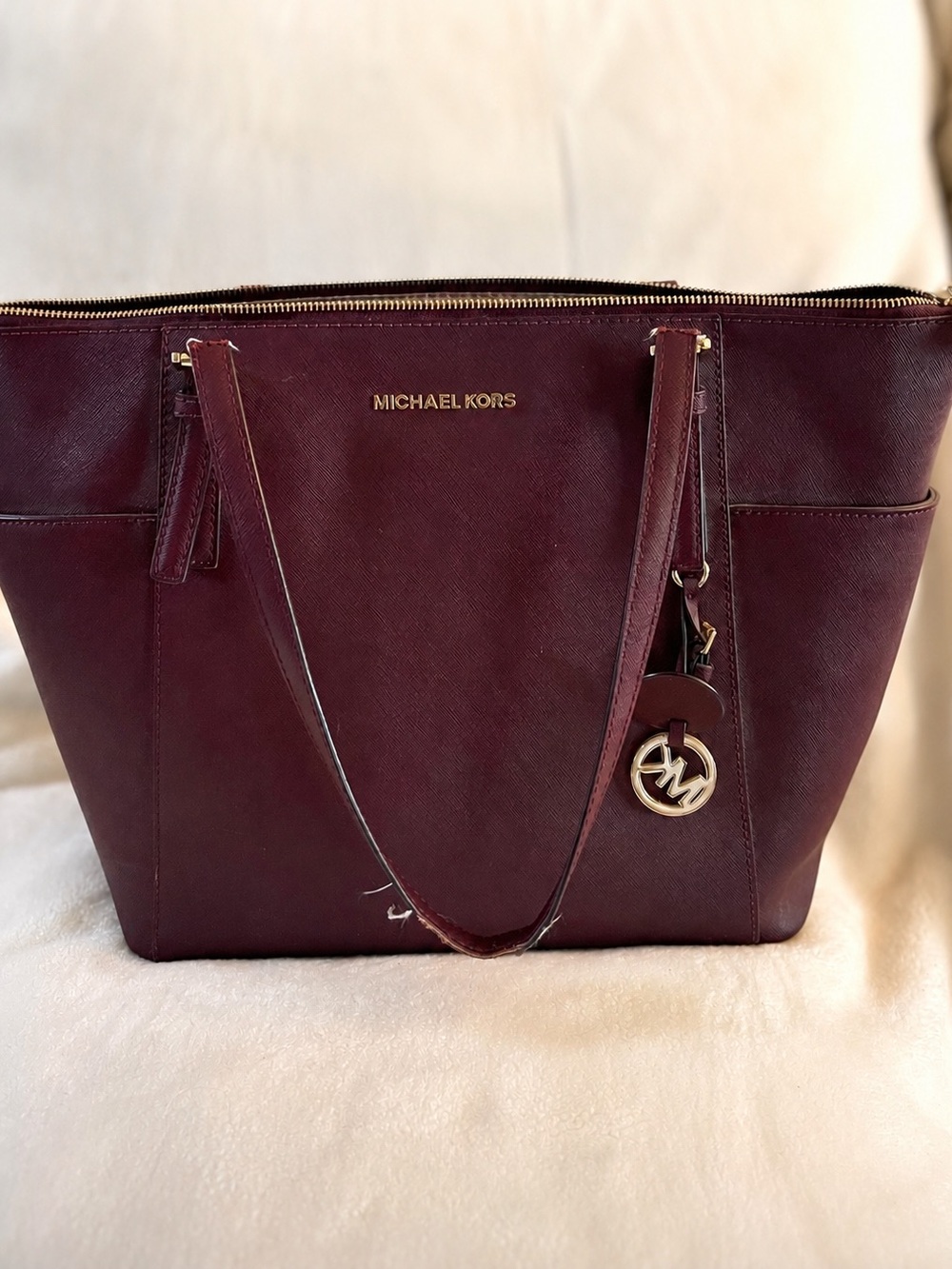 Michael Kors Burgundy Saffiano Leather Tote with Gold Logo Charm